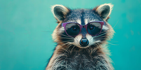 a raccoon wearing sunglasses with vibrant colors against a teal background, generative AI