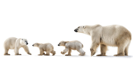 A family of polar bears walking in a line isolated on a white background, showing growth stages.