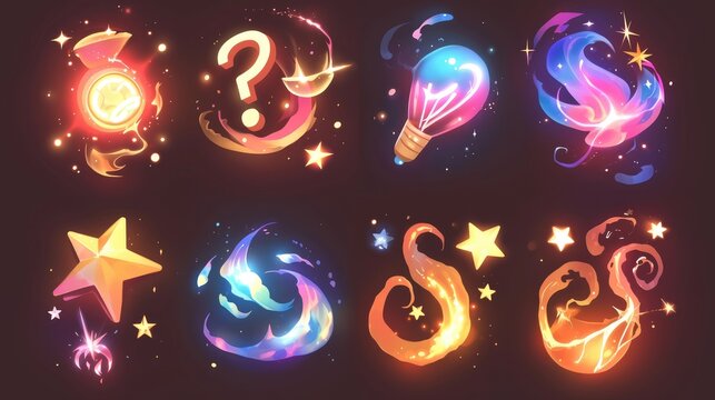 A selection of timeless 2D cartoon special effects encompassing 10 elements question mark exclamation mark flash span smoke blow multicolored glitter steam stars and sparks These effects fe