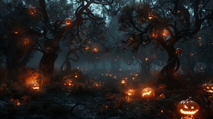 A sinister Halloween night in a spooky forest, where the only light comes from the eerie glow of jack-o'-lanterns scattered among the twisted trees.