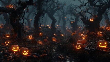 A sinister Halloween night in a spooky forest, where the only light comes from the eerie glow of jack-o'-lanterns scattered among the twisted trees.