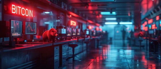 A bear figurine stands prominently in a trading environment with screens displaying financial charts and a Bitcoin sign. - obrazy, fototapety, plakaty