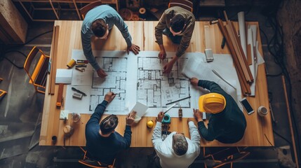 Diverse architects and engineers collaborate on building plans. Ideal for construction planning or property development
