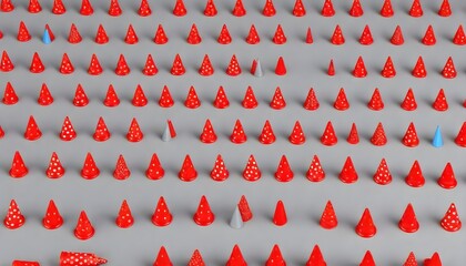 3D render of red and gray cones laid on polka dot pattern
