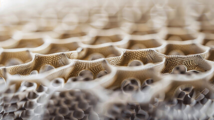 A closeup of a porous panel made out of lightweight material appearing almost like a honeycomb. The caption reads Incorporating acoustic metamaterials in architectural designs - obrazy, fototapety, plakaty