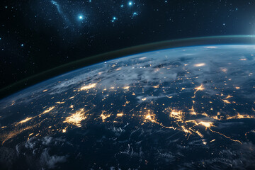 Obraz premium 불빛이 반짝이는 어두운 우주 공간의 밤 행성 지구