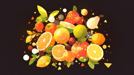 Illustration of fruits arranged against a black backdrop in a captivating 2d design