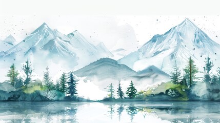 Watercolor Landscape with Mountain Pine Trees and Vintage Green Elements on White Background