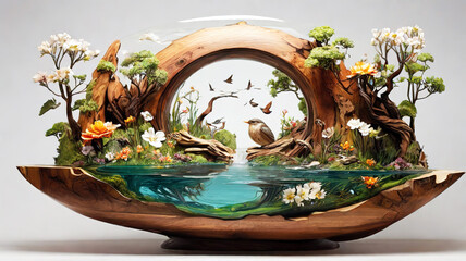 Wooden decorative aquarium with birds and flowers on a white background