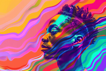 Fototapeta premium African-American gay man on a rainbow background for pride day, standing tall in solidarity with love, inclusion, and equality for all