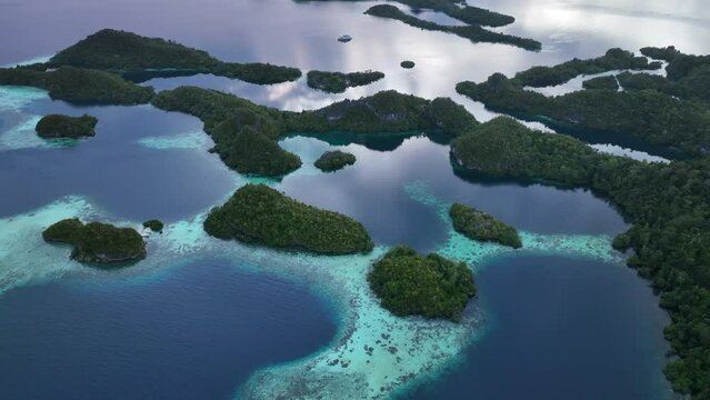 Daybreak illuminates the beautiful limestone islands of Pef in Raja Ampat, Indonesia. This remote, tropical region is known to harbor the world's greatest marine biodiversity.