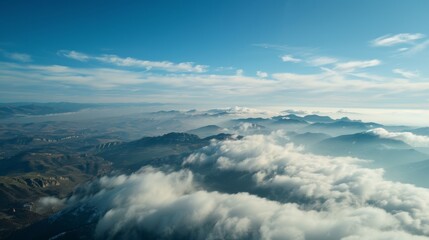 This illustration depicts a birds eye view of clouds floating above majestic mountains in the sky. The mountains are rugged and towering, while the clouds are fluffy and expansive.