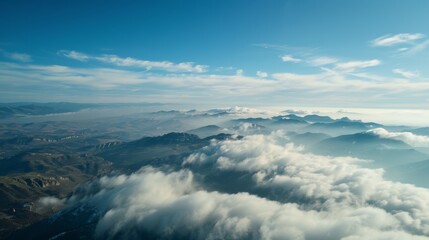 Obraz premium This illustration depicts a birds eye view of clouds floating above majestic mountains in the sky. The mountains are rugged and towering, while the clouds are fluffy and expansive.