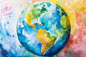 Watercolor painting of the globe, vibrant, detailed, expressive, fluid, colorful, showcasing diverse landscapes and cultures, in a global harmony concept, High resolution.