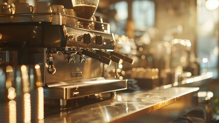 The hazy dreamlike image of a barista station softly lit and strewn with shiny espresso machines and rows of spotless gleaming cups. .