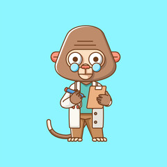 Cute monkey doctor medical personnel chibi character mascot icon flat line art style illustration concept cartoon © Sabar