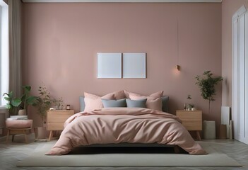 pink bedroom render background 3d interior frame pastel style Mockup Scandi-Boho