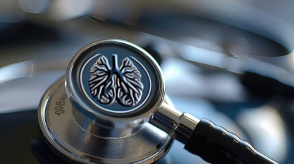 Close-up of a stethoscope featuring a lung emblem, symbolizing medical diagnostics and respiratory care.