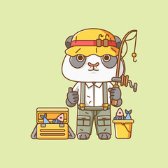 Cute panda fisher fishing animal chibi character mascot icon flat line art style illustration concept cartoon