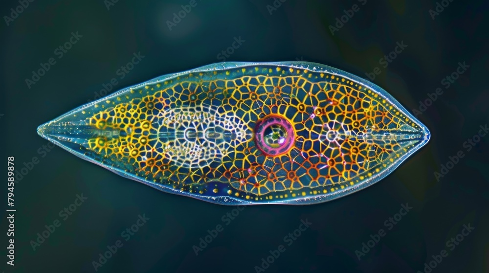 Poster a vibrant image of a diatom a singlecelled algae with its geometrically arranged shell on full displ