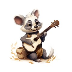Cute cartoon animal with acoustic guitar. Vector illustration isolated on white background.