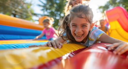 A group of children are having fun on an inflatable bouncy castle in the sun