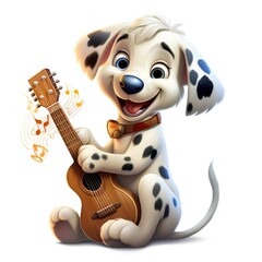 Illustration of a cute dog with a guitar on a white background