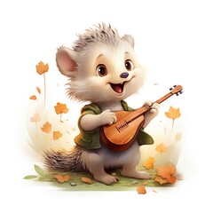 Cute little hedgehog with a balalaika and autumn leaves.