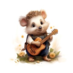Cute hedgehog with ukulele and guitar. Vector illustration.