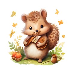 Cute hedgehog playing the flute. Cartoon vector illustration.