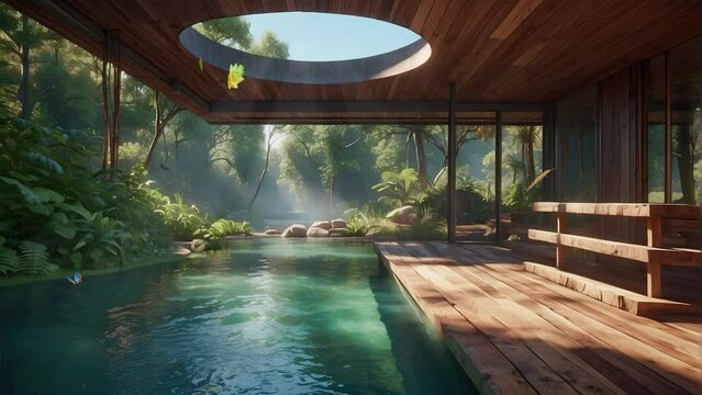 Escape to a tranquil hideaway where a traditional forest resort made of wood offers solace amidst the stunning beauty of nature in this captivating 4K loop.