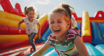 A group of children are having fun on an inflatable bouncy castle in the sun - Powered by Adobe