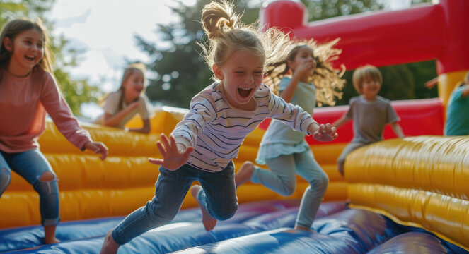 A group of children are having fun on an inflatable bouncy castle in the sun