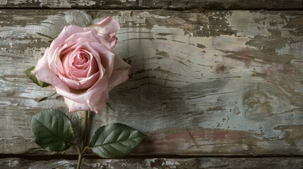 An exquisite single pink rose rests gracefully against a weathered wooden backdrop leaving ample space for heartfelt messages A charming scene evoking thoughts of springtime and celebrating
