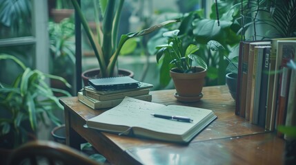 An intimate portrayal of journaling in a quiet nook, surrounded by soft lighting and plants, highlighting the reflective practice of writing for emotional clarity. - obrazy, fototapety, plakaty