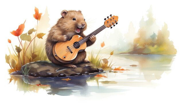 Cute hamster with ukulele in autumn forest. Watercolor illustration