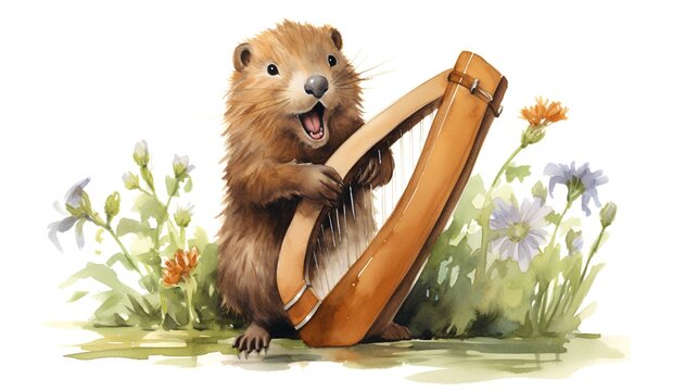 Beautiful vector image with nice watercolor illustration of beaver and harp