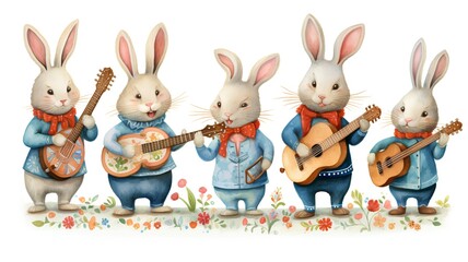 Easter bunnies with musical instruments. Watercolor illustration.