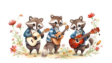 Watercolor illustration of a group of raccoons playing the guitar and singing.