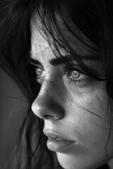 Fototapeta premium The subtle hint of sadness in a woman's eyes as she says goodbye, her face trying to smile through the sorrow of parting.