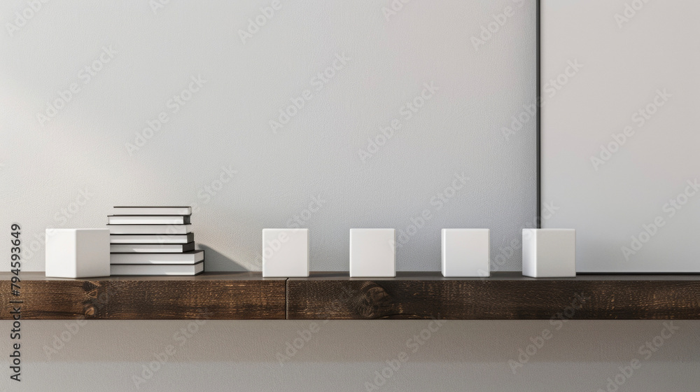 Poster A collection of simple white cubes sits atop a dark wooden shelf creating a striking contrast of minimalistic rectangular forms. . .