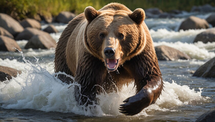 Obraz premium Charging Grizzly Bear in River Rapids