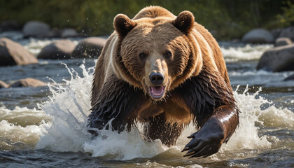 Obraz premium Charging Grizzly Bear in River Rapids