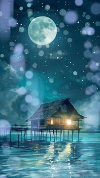 cabane au toit de chaume au bord de l'eau avec pleine lune sur le paysage nocturne animation en boucle harmonieuse 4k. style japonais anim&eacute;