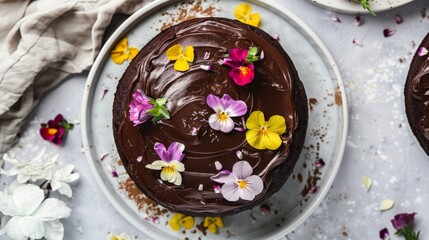 An overhead shot of a freshly baked vegan chocolate cake, the glossy frosting and edible flowers on top making it a masterpiece of plant-based baking.