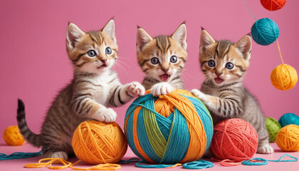 Playful Kittens with Yarn Balls
