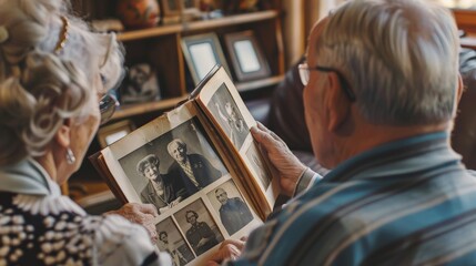 Grandparents sharing old family stories with their grandchildren, an album of black and white photos spread out in front of them, bridging generations.