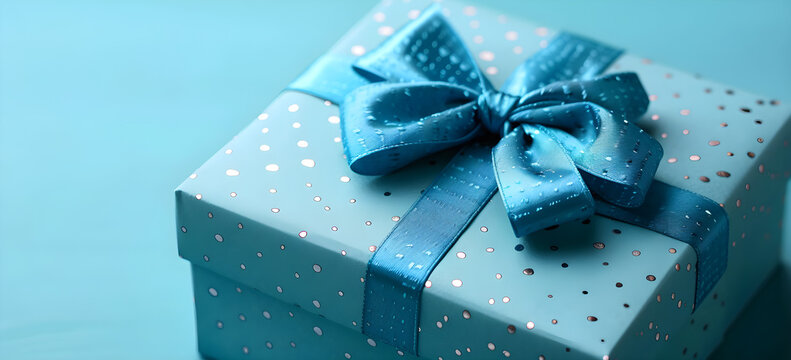 Luxury gift box with a blue bow on blue, side view monochrome, perfect for Father's Day or Valentine's Day gift for him, corporate gift concept, or birthday party.
