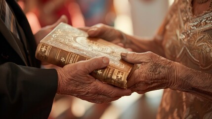 Hands tenderly holding a family heirloom Bible, passed down through generations, during a special service, linking tradition and faith.