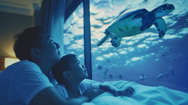 A man and his young son excitedly peering out their underwater hotel rooms windows spotting an elusive sea turtle swimming by as they prepare for bed. 2d flat cartoon.